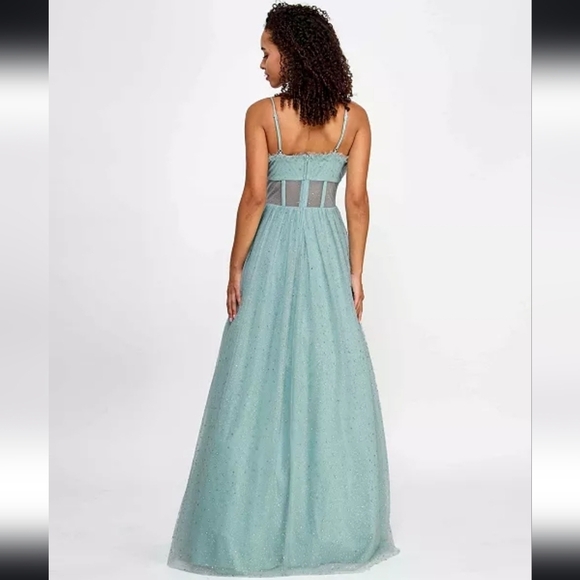 NWT TLC Say Yes Juniors Rhinestone-Embellished Mesh-Waist Gown in Seagreen 13/14 - Picture 2 of 15